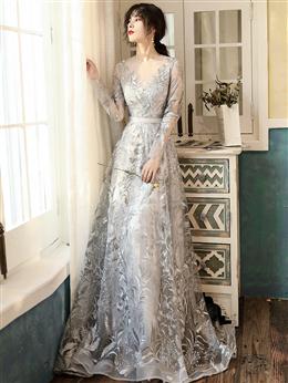 Picture of Elegant Sliver Grey Long Sleeves Long Evening Dresses Party Dresses, A-line Senior Formal Dresses